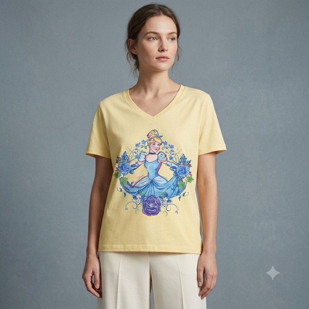 Disney Cinderella Graphic T-Shirt Womens Medium Yellow V-Neck Floral Princess - Picture 1 of 5